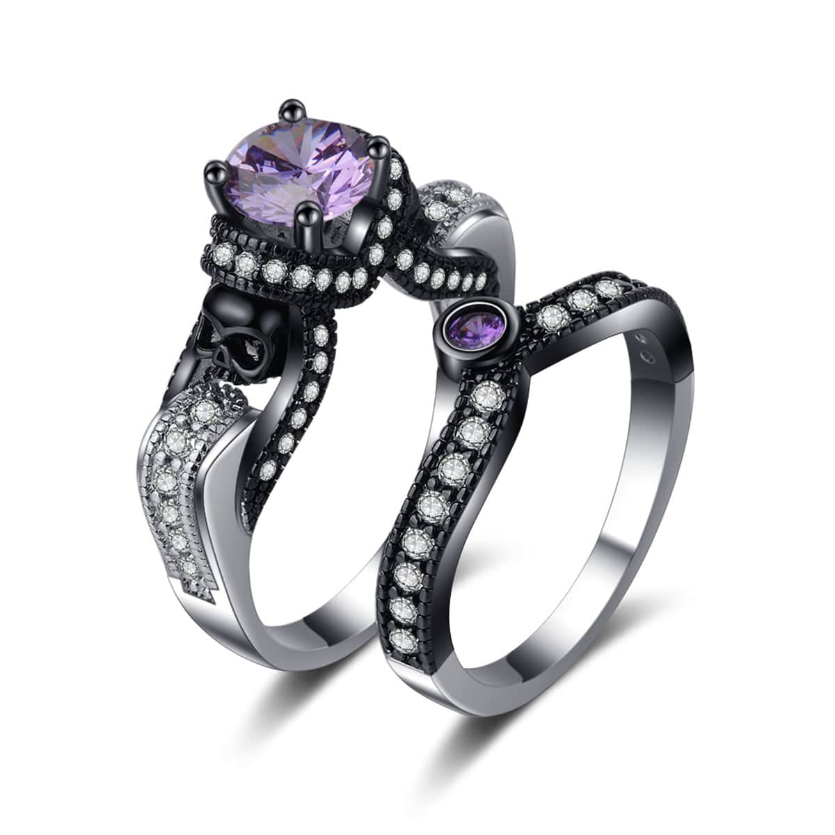 Purple Crystal & Cubic Zirconia Skull Ring Set-3