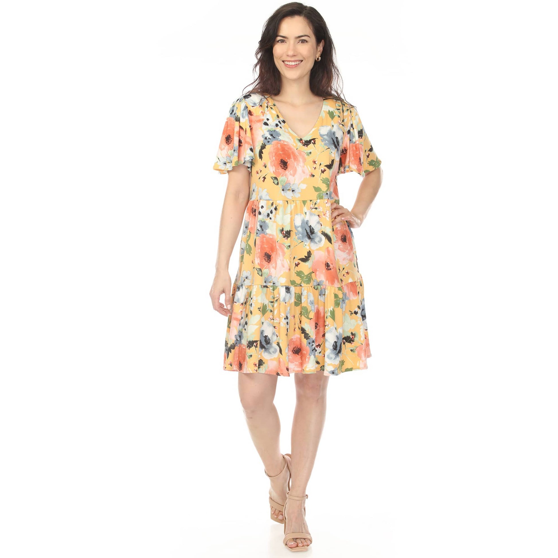 flowy floral dress short Women's V-Neck Vintage Sleeve Yellow XL -White Mark Comment the word “DRESS” Size:US 20Plus / UK 24 / EU 50 HW25 but a natural characteristic
