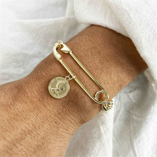 Goldtone Coin Charm Safety Pin Chain Bracelet