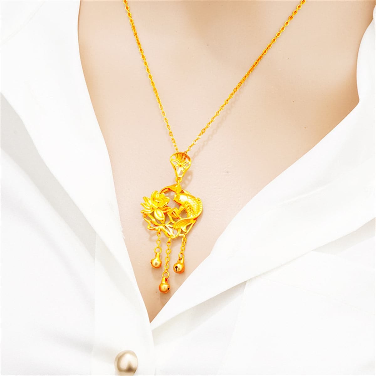 Goldtone Open Lotus & Fish Pendant Necklace