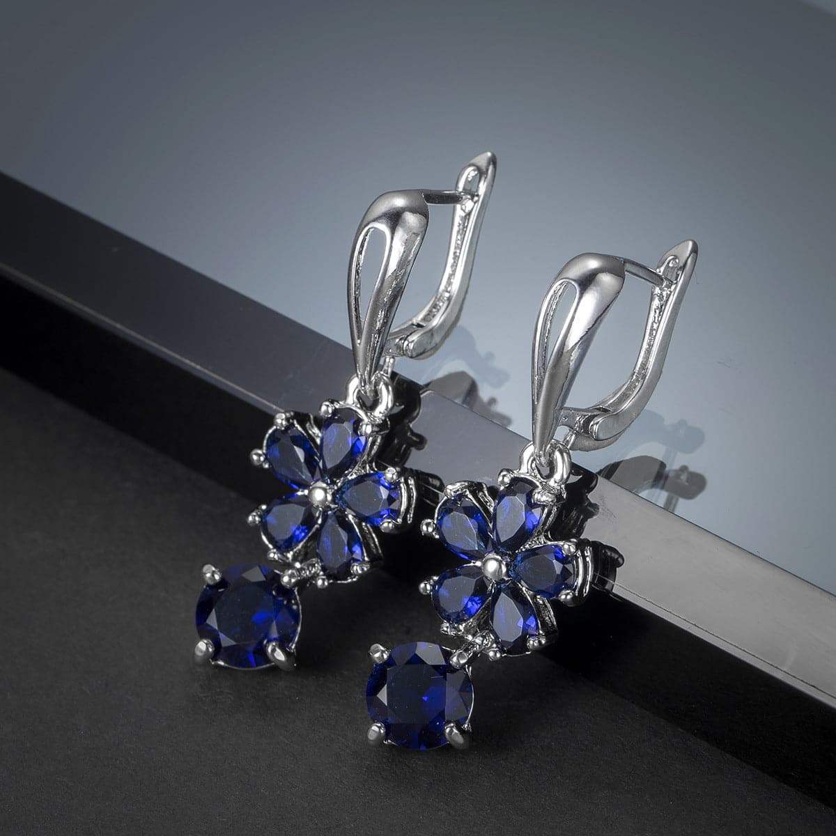 Navy Crystal Floral Drop Earrings
