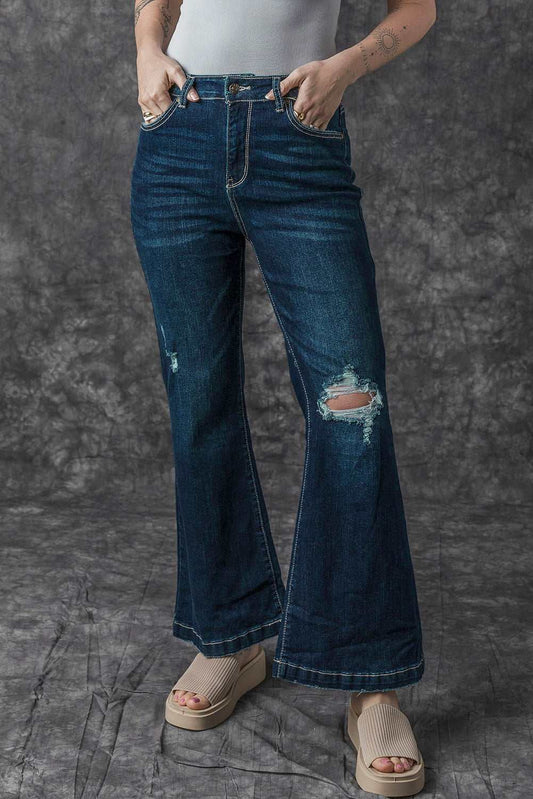 Threaded Pear Khloe High Rise Ripped Bell Bottom Jeans