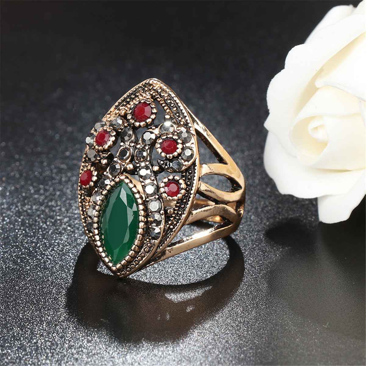 Green & Red Resin Goldtone Geometric Ring