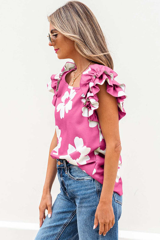 Threaded Pear Mazie Floral Ruffled Short Sleeve Blouse