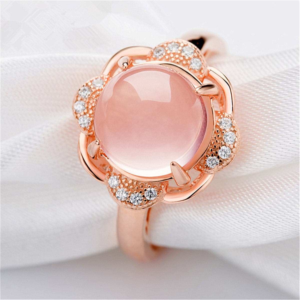 Rose Quartz & Cubic Zirconia Flower Adjustable Ring