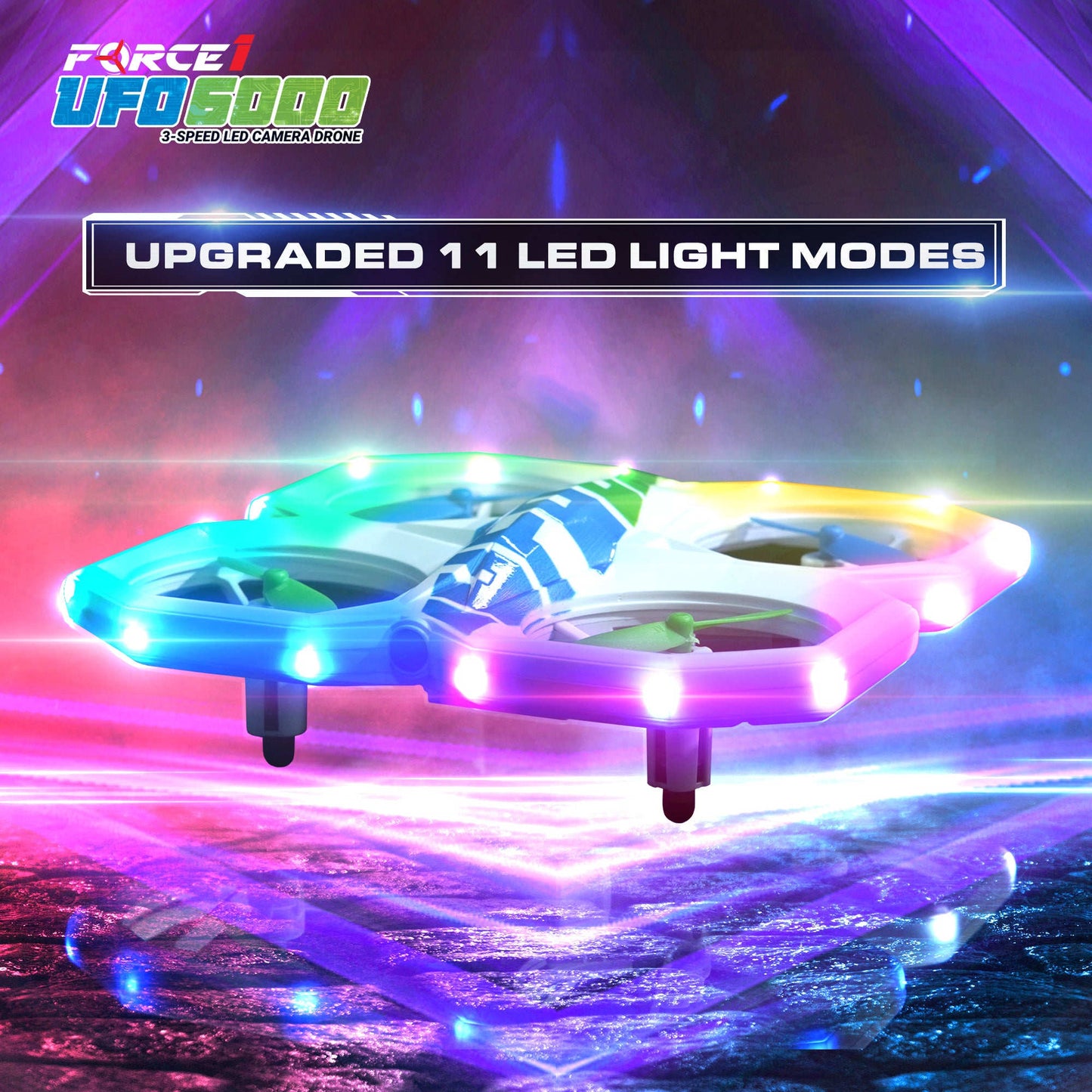 White drone, blue remote control, green and blue propellers-