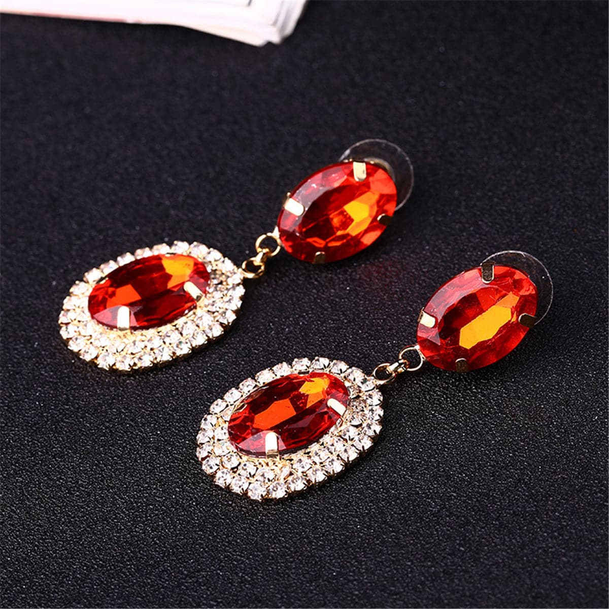Red Crystal & Cubic Zirconia Oval Tiered Drop Earrings