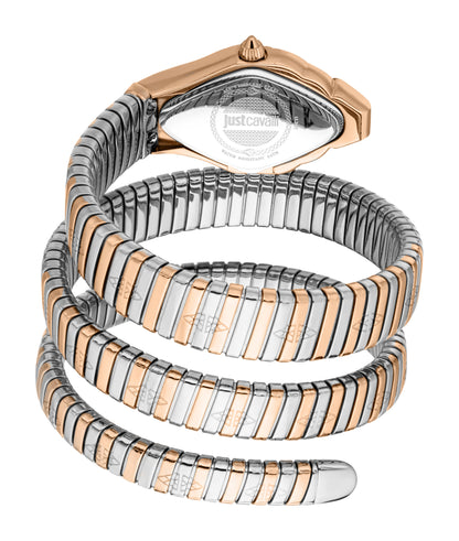 Just CAVALLI Womens's Snake Watch, Rose Gold Color Case, Silver Dial, Two Tone Silver & Rose Gold Stainless Steel Bracelet Jc1l307m0065