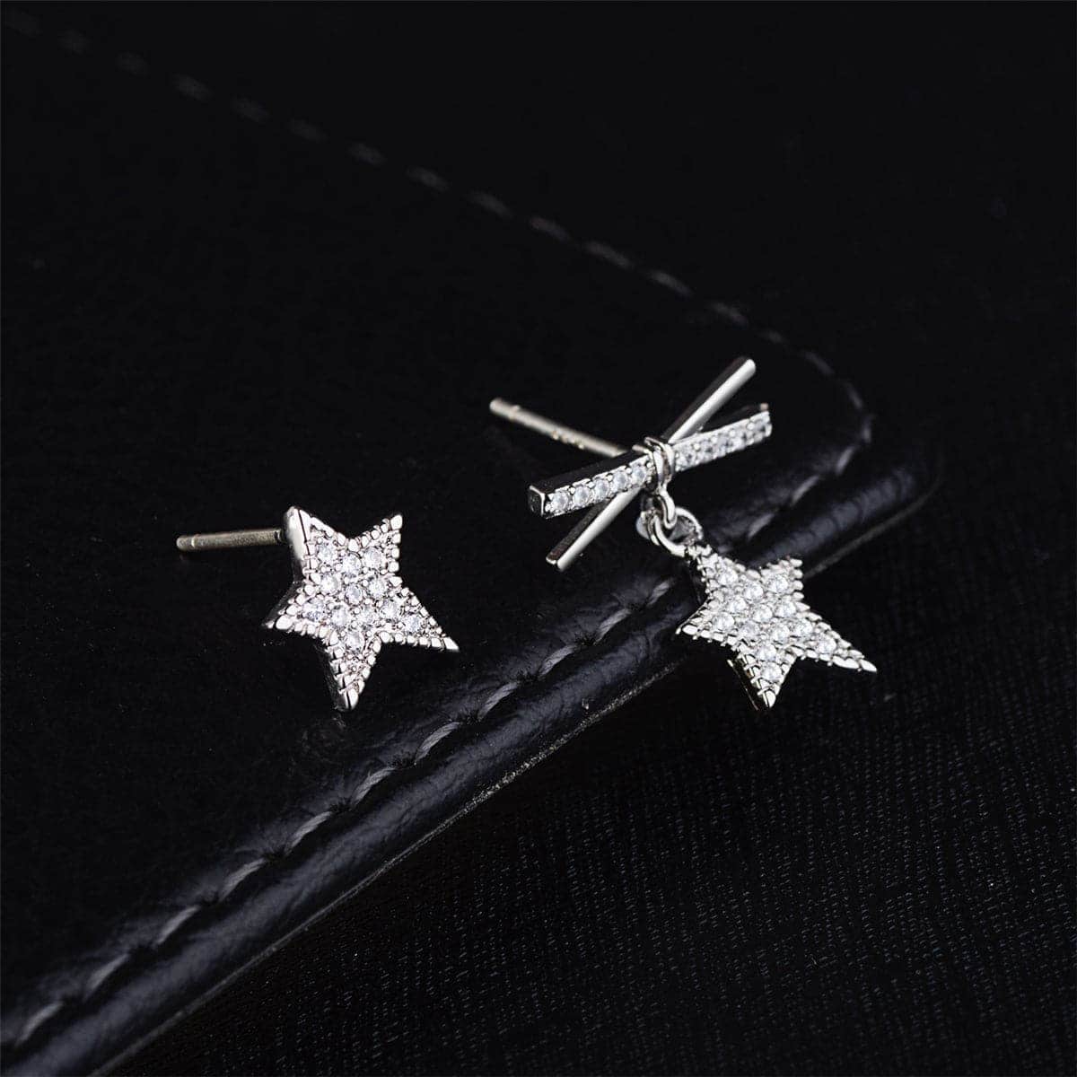 Cubic Zirconia & Silvertone Star Asymmetrical Stud Earrings