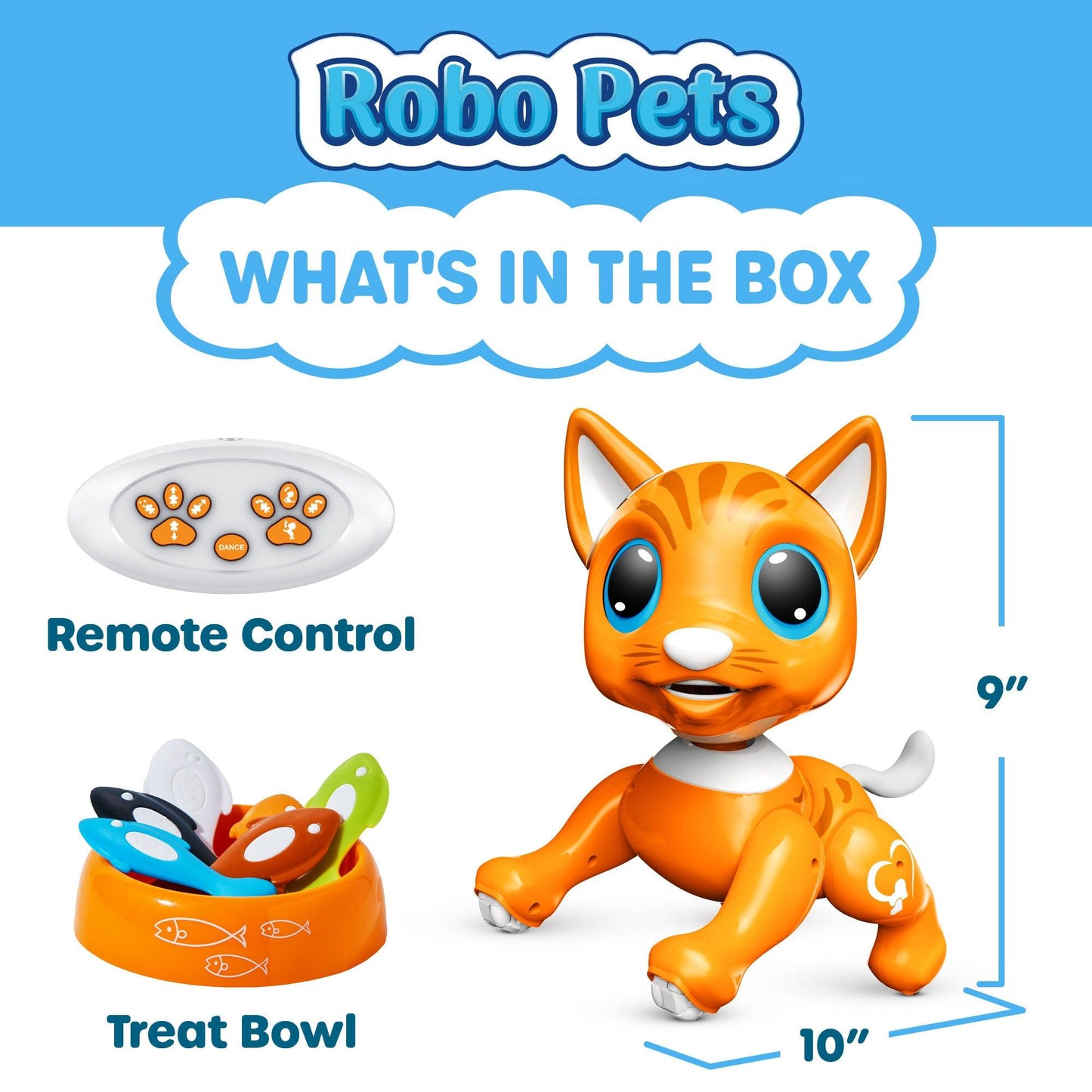 Orange robot cat, white remote, and blue, green, red and black food-