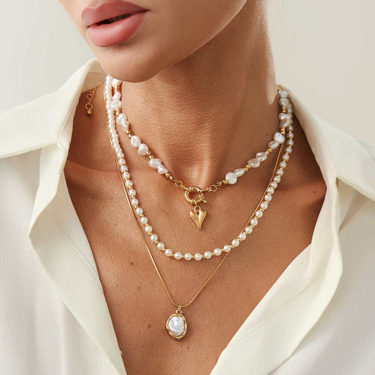 Pearl & Goldtone Beads Chain Heart Pendant Necklace Set