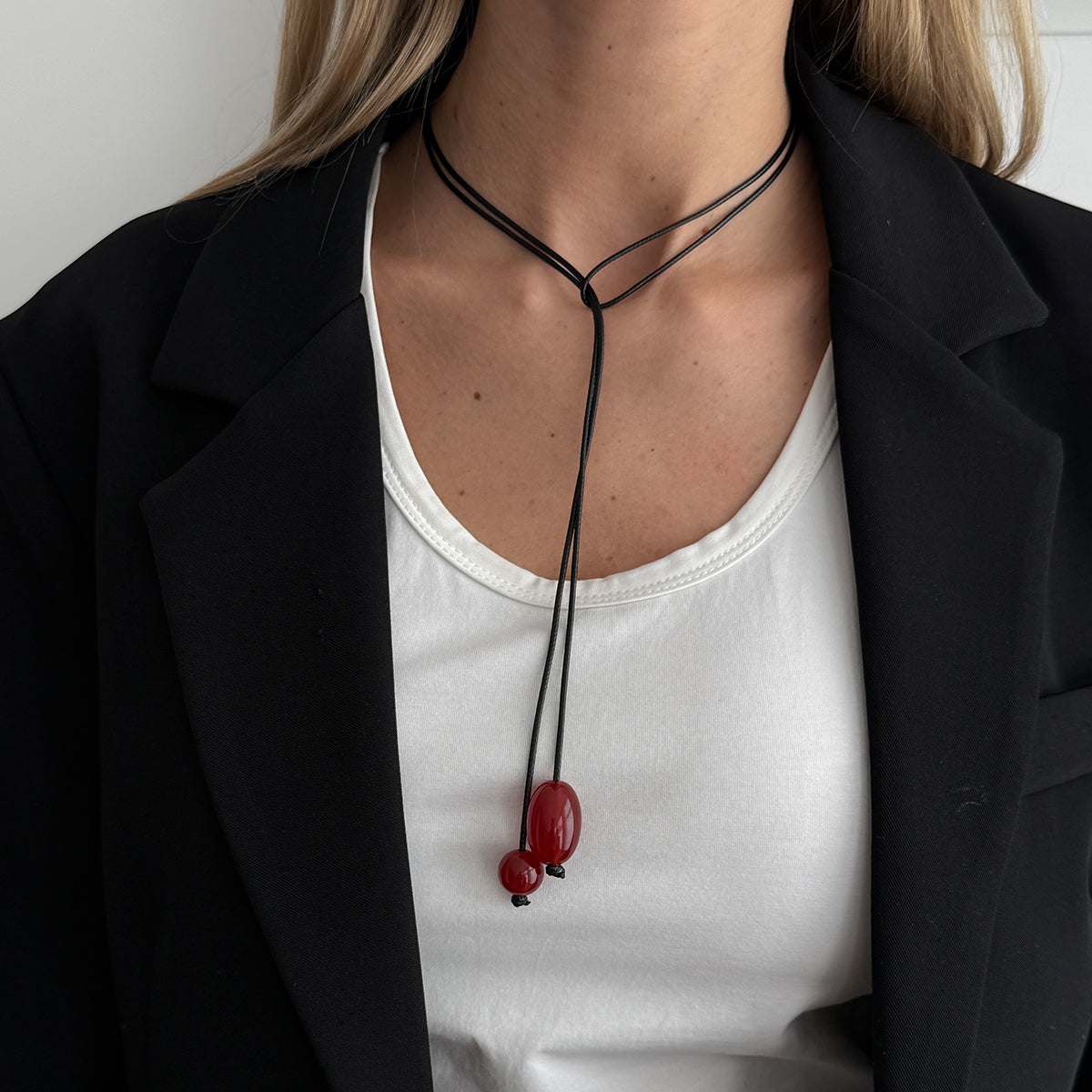 Red Resin & Polyster Dual-Drop Long Necklace