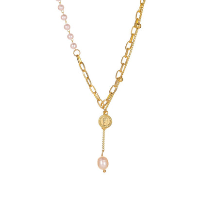 Pearl & Goldtone Coin Lariat Necklace