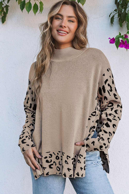 Threaded Pear Sarai Leopard High Neck Side Slit Oversized Sweater