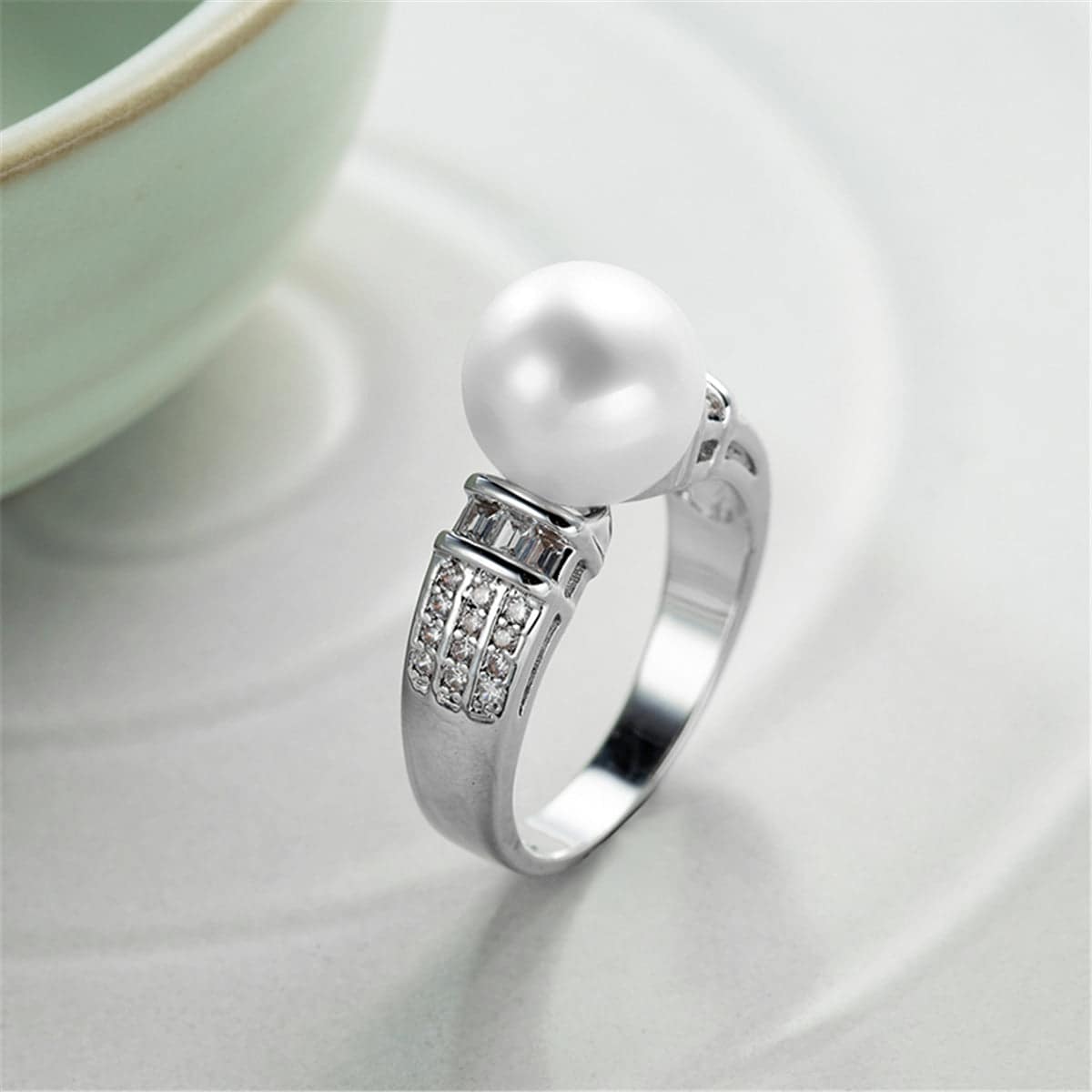 Pearl & Cubic Zirconia Silvertone Pavé Ring-2