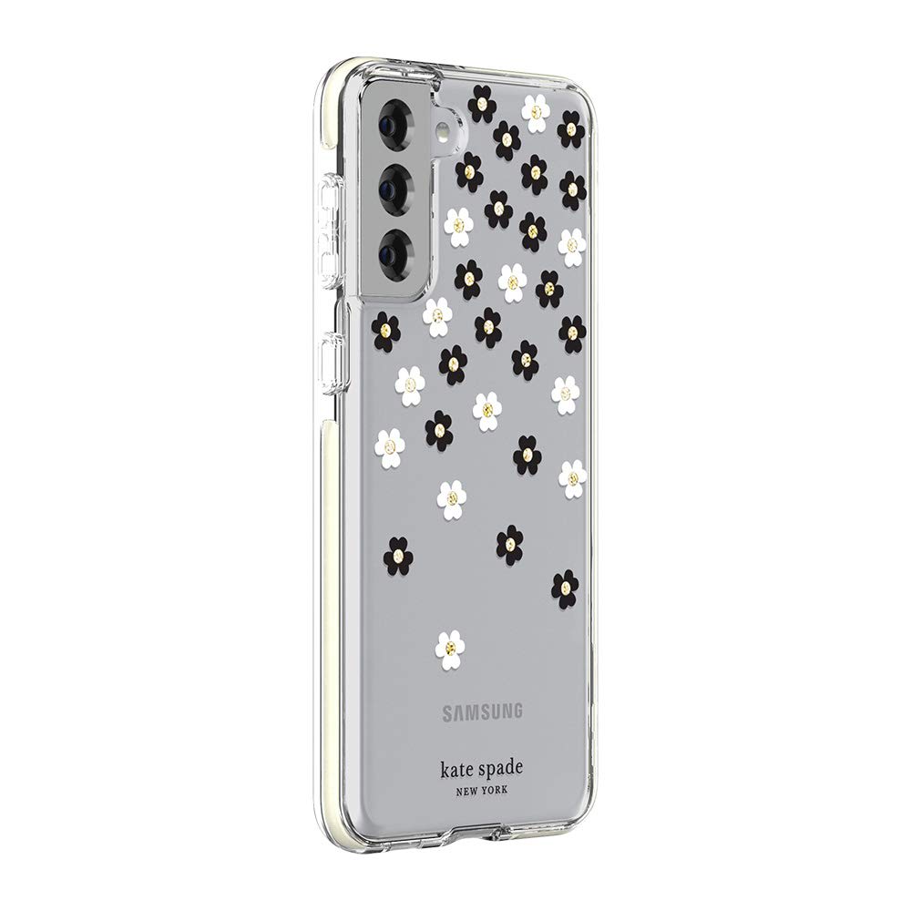 Kate Spade New York Defensive Hardshell Case Compatible with Samsung Galaxy S21+ 5g - Scattered Flowers Silicone,Lightweight Black/White/Gold Gems/Clear/White Bumper
