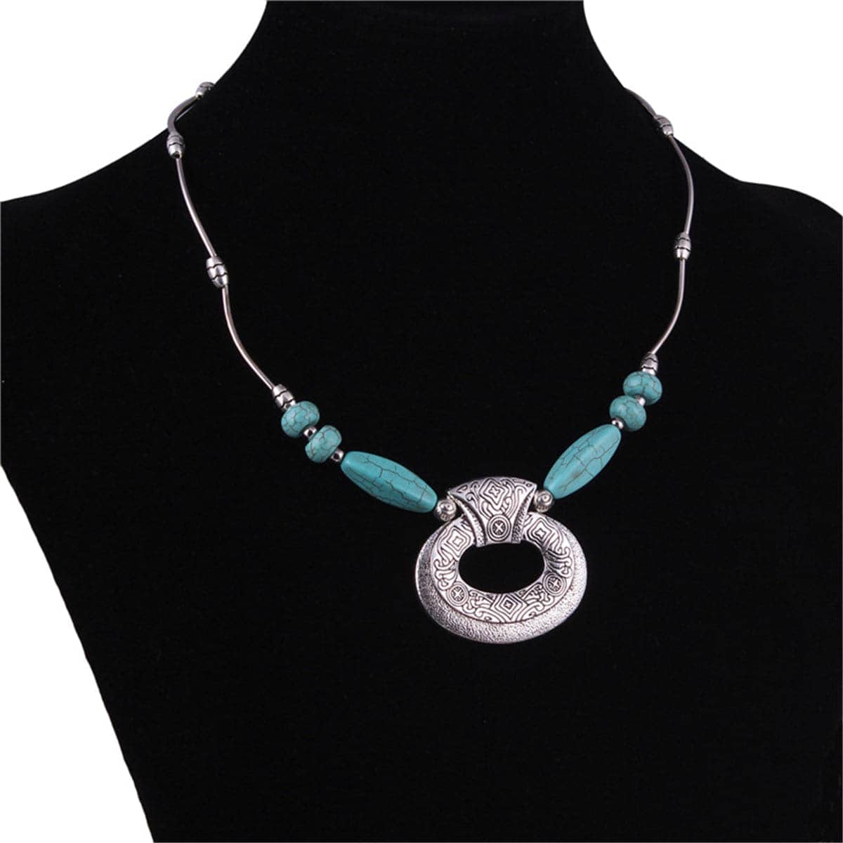 Turquoise & Silvertone Geometric Pendant Necklace