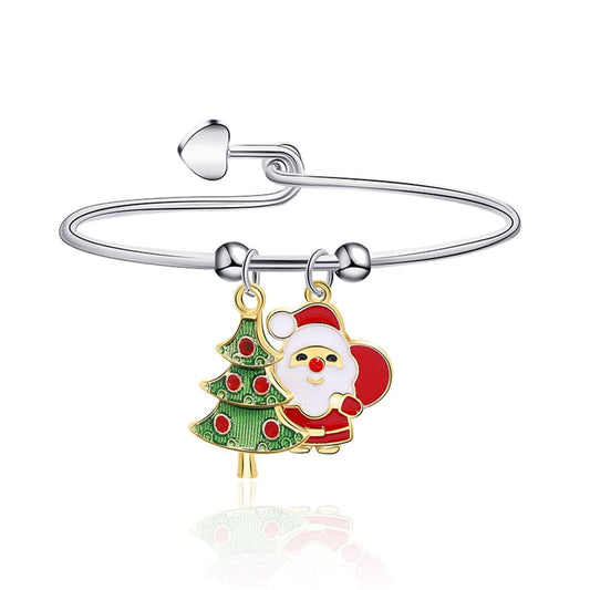 Green & Two-Tone Christmas Tree & Santa Charm Bangle