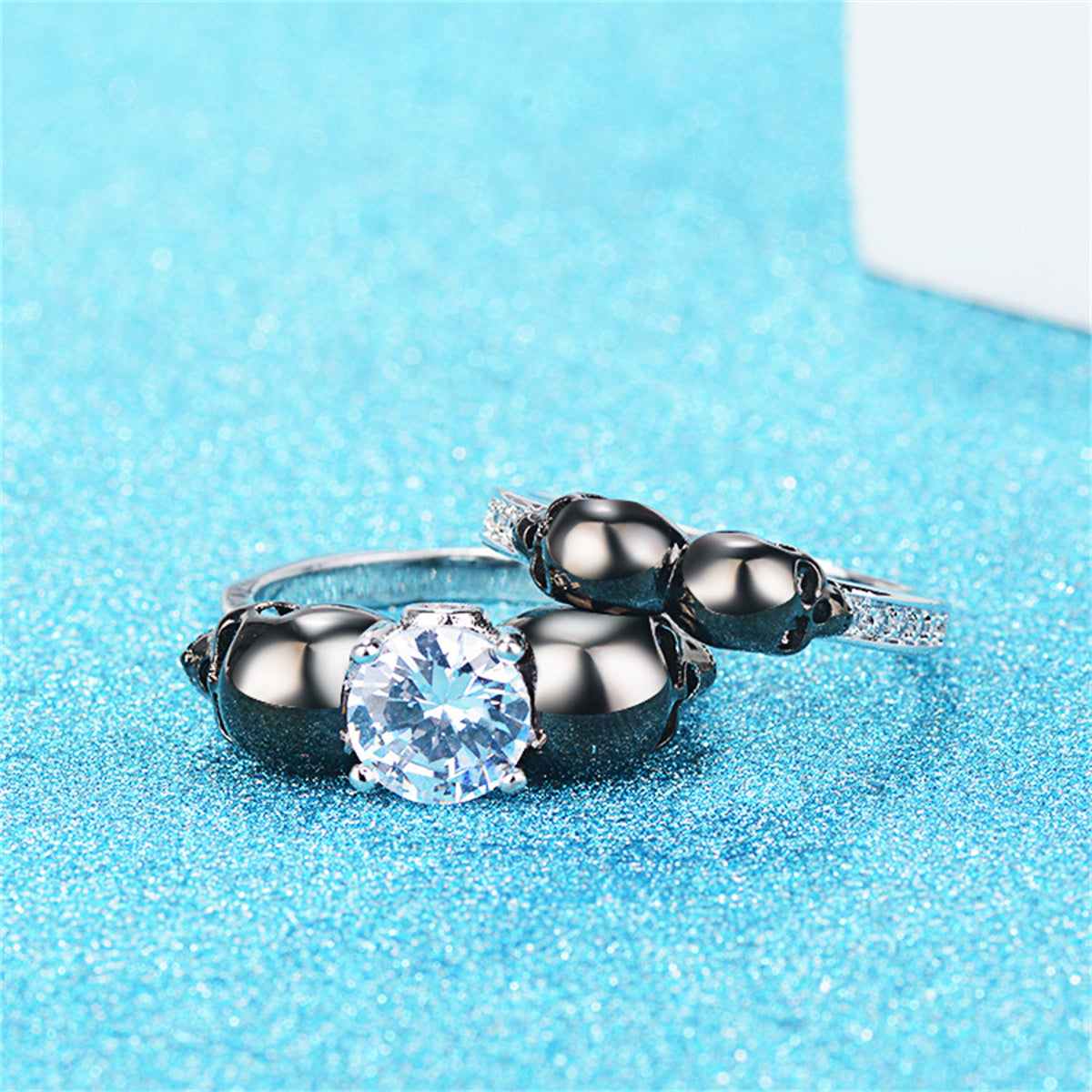 Crystal & Cubic Zirconia Two-Tone Skull Ring Set-2