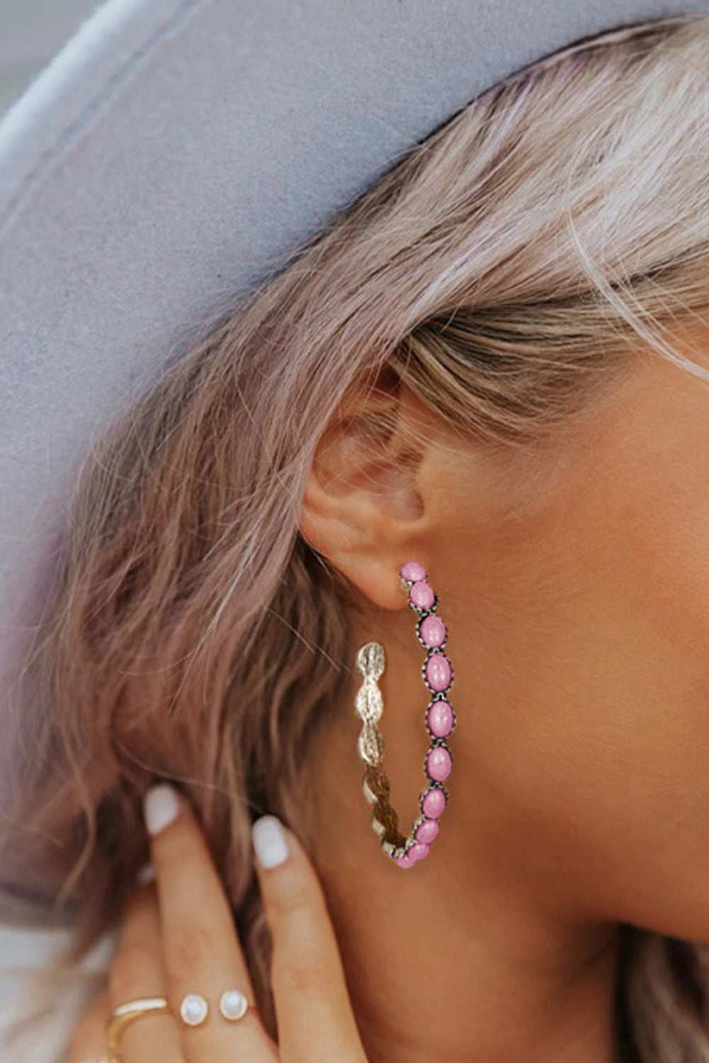 Sky Blue Gem Inlay Retro C-shape Earrings - Pink / ONE SIZE / Alloy