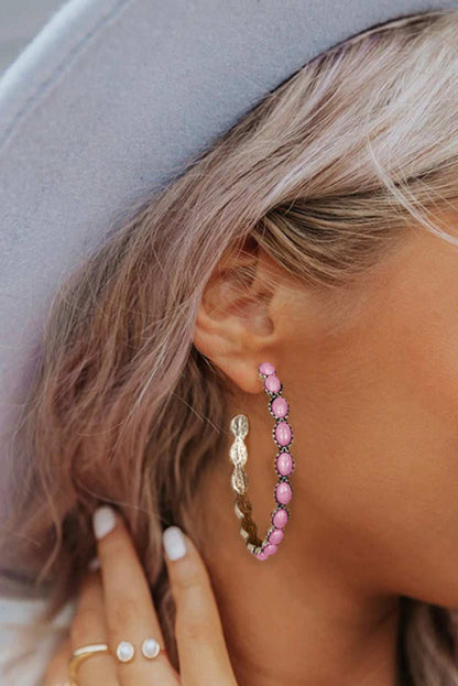 Sky Blue Gem Inlay Retro C-shape Earrings - Pink / ONE SIZE / Alloy