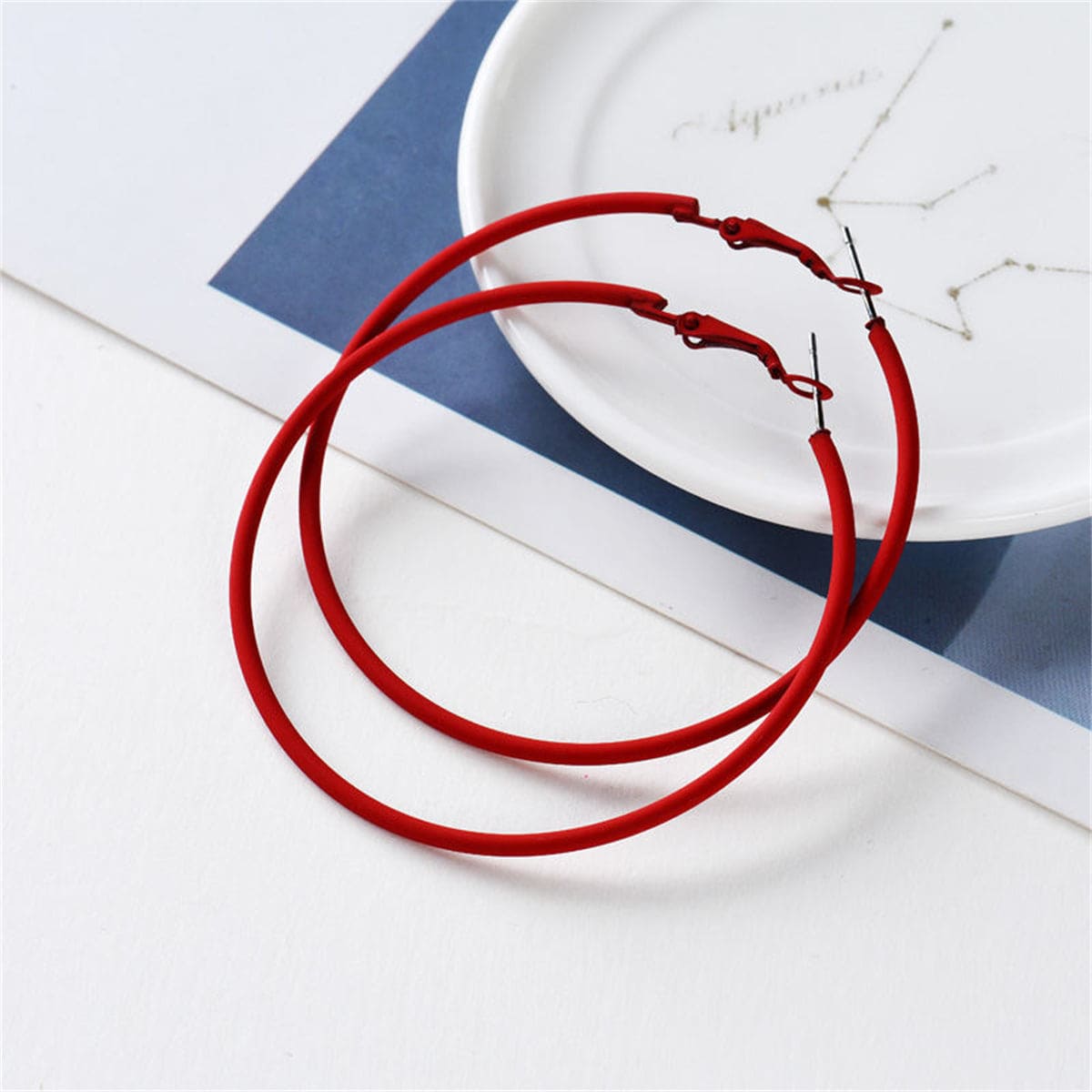 Red Enamel & Silvertone Hoop Earrings