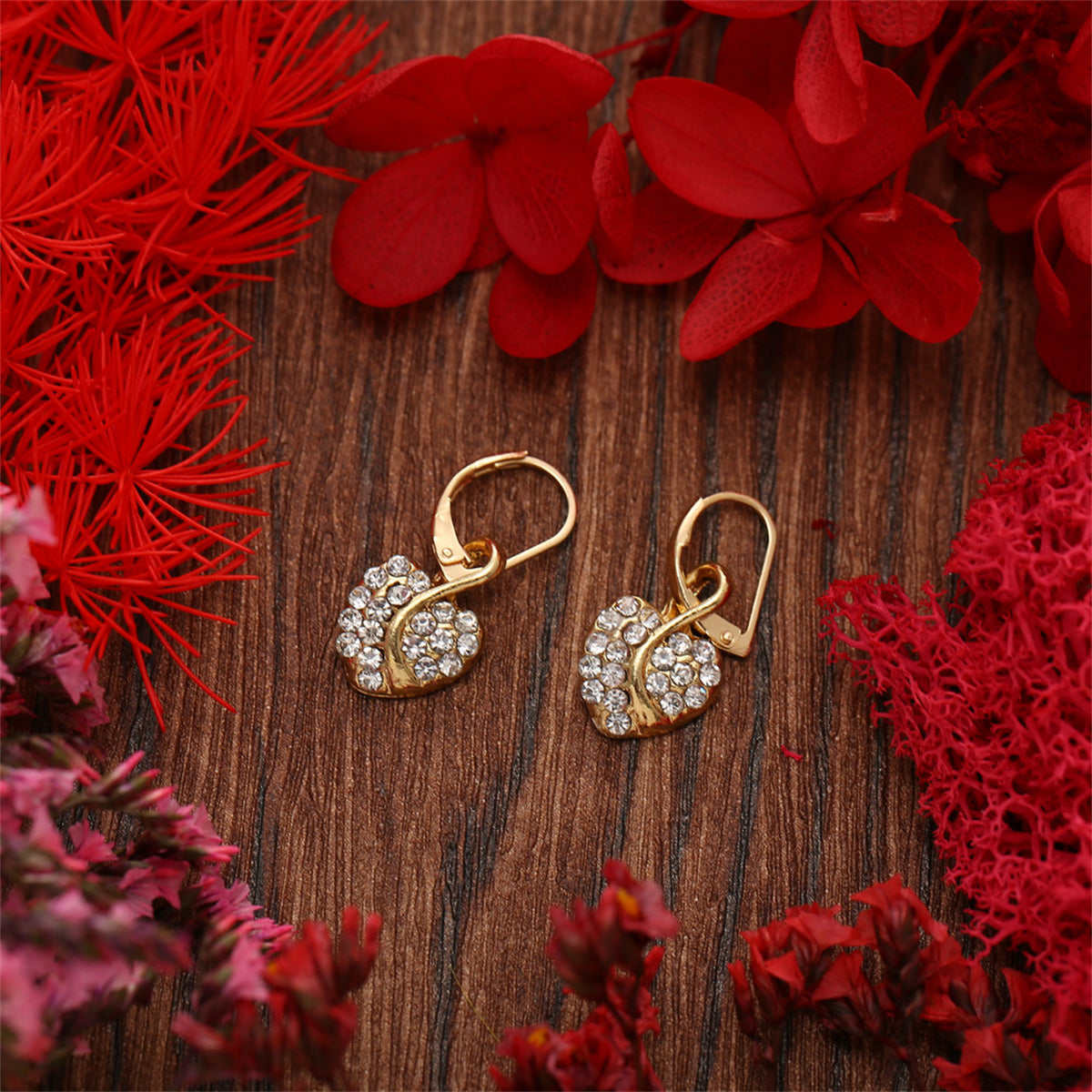 Cubic Zirconia & Goldtone Heart Leverback Earrings Set