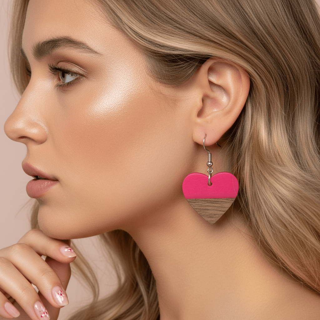Rose Resin & Wood Silvertone Heart Hook Earrings