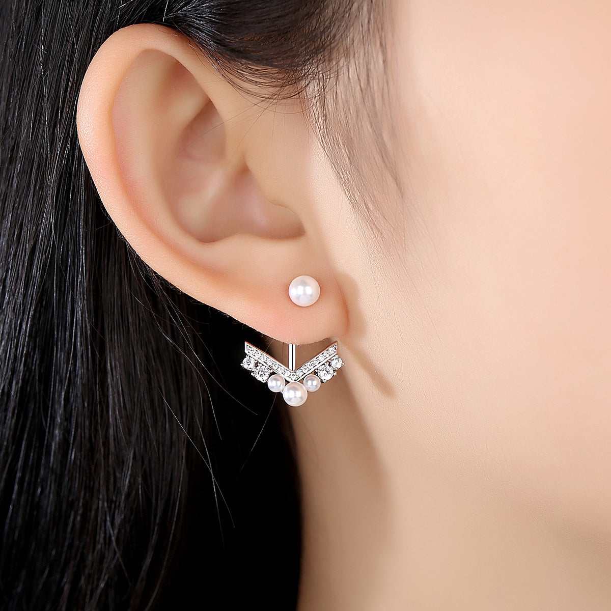 Pearl & Cubic Zirconia Silvertone Chevron Cluster Ear Jackets
