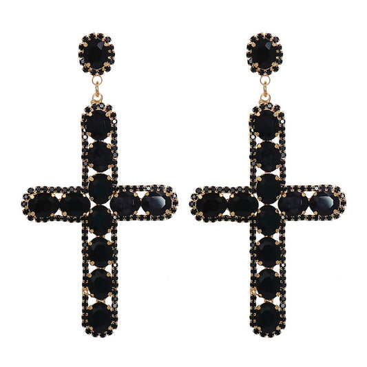Black Crystal & Cubic Zirconia Goldtone Cross Drop Earrings