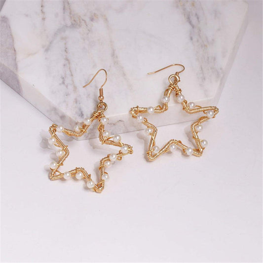 Pearl & Goldtone Open Star Drop Earrings