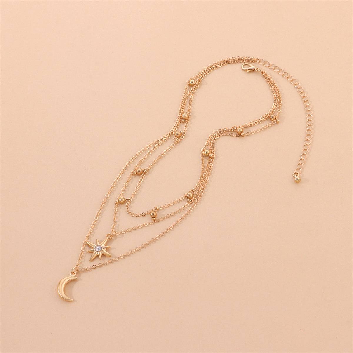 Cubic Zirconia & Goldtone Stars Moon Layered Pendant Necklace