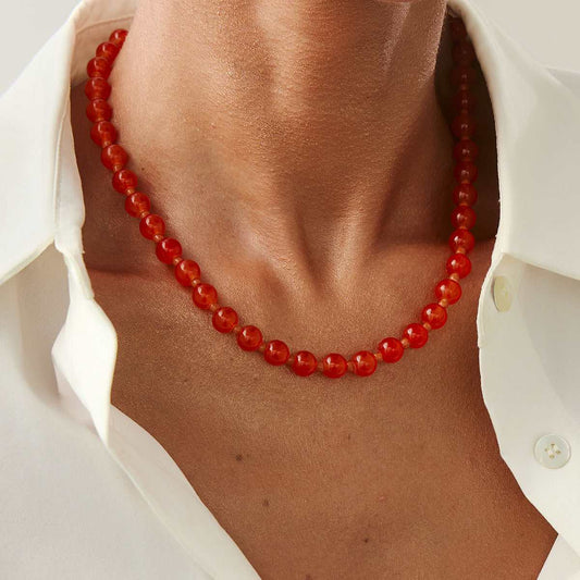 Red Jade & Silvertone Beaded Chain Collar Necklace