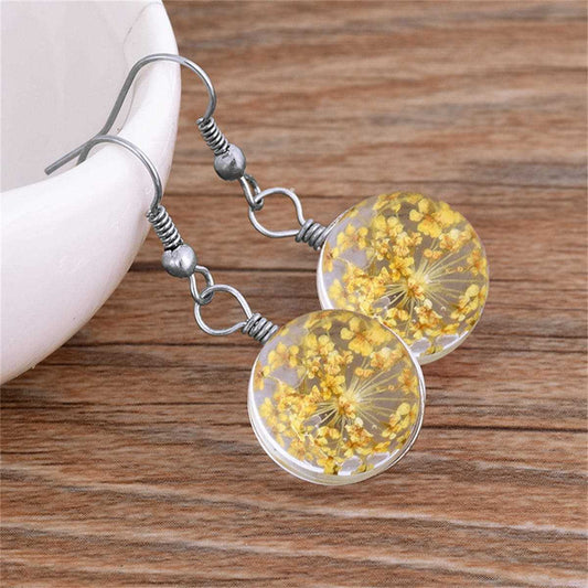 Yellow Gypsophila & Silvertone Drop Earrings
