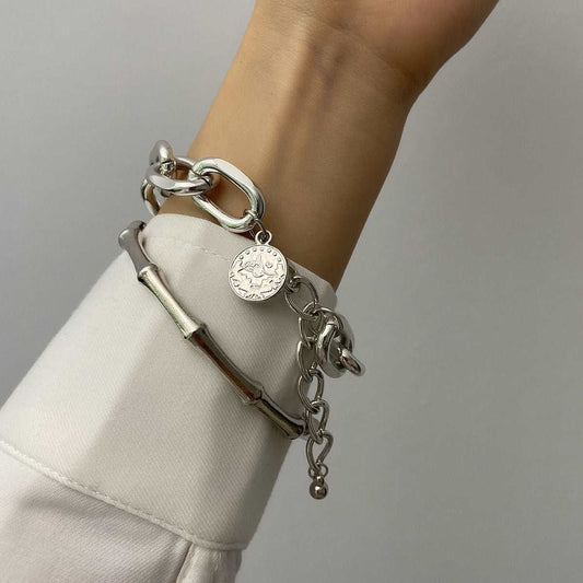 Silvertone Figaro Bracelet & Bamboo Bangle Set