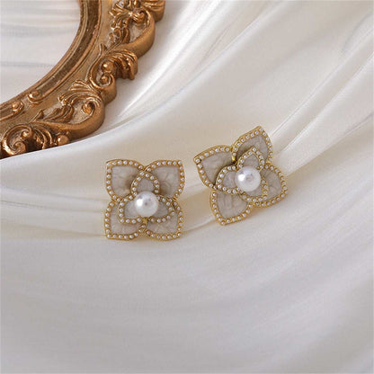 Pearl & White Camellia Goldtone Stud Earrings
