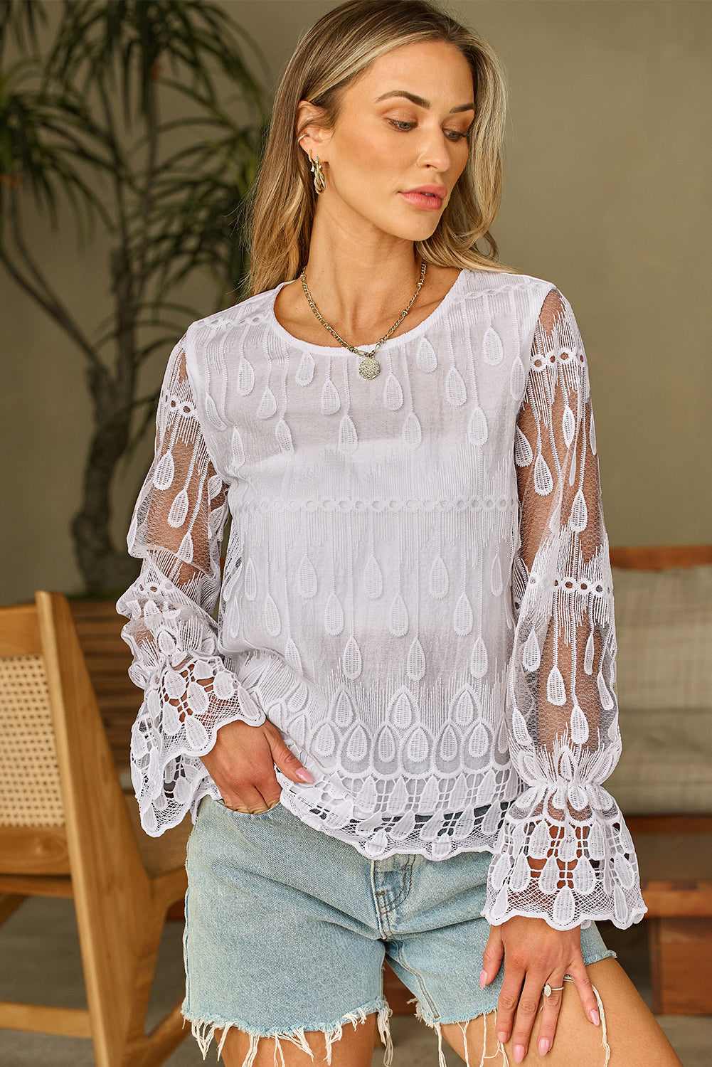 Tassa Mesh Flounce Sleeve Blouse - White / L - 12/14