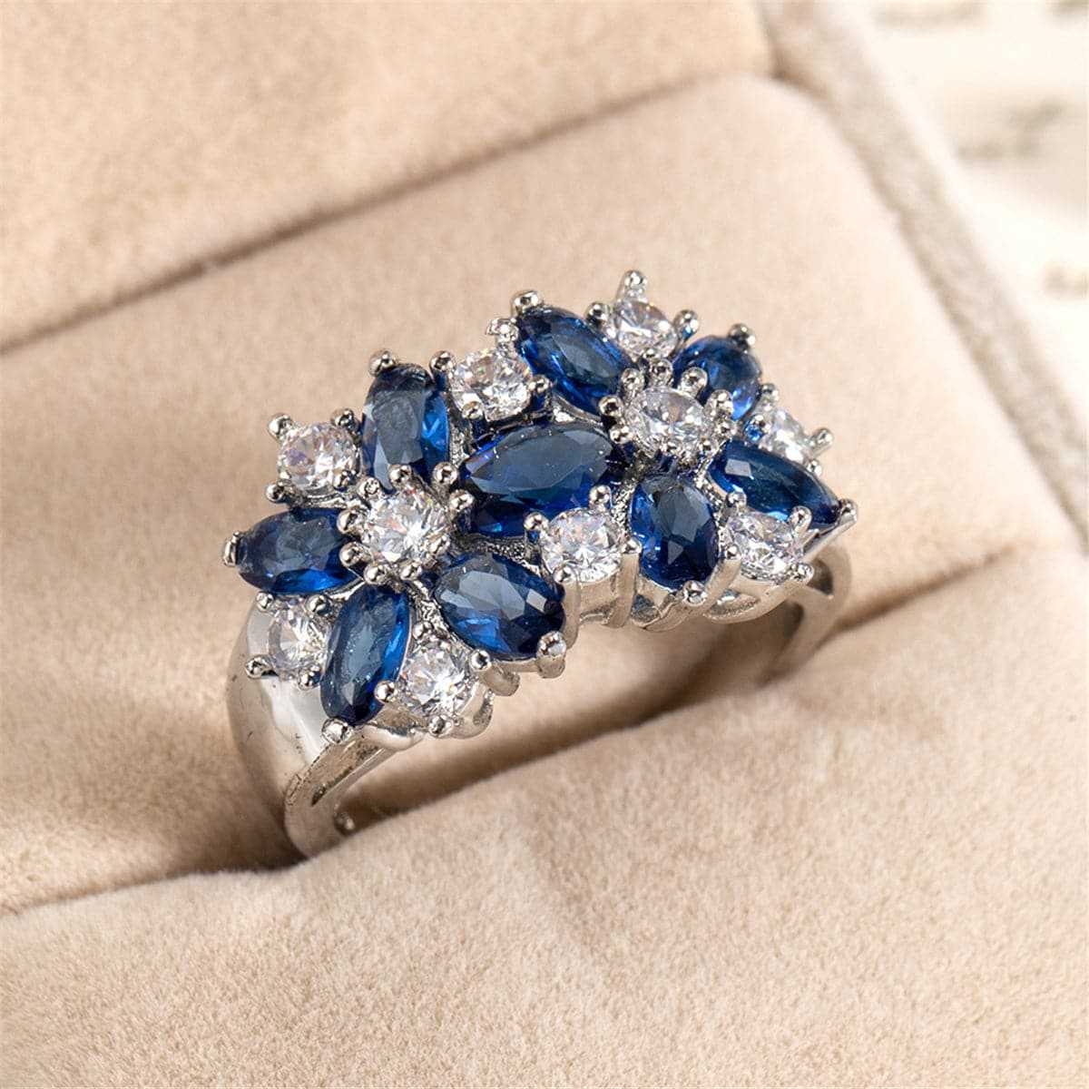 Navy Crystal & Silvertone Floral Band Ring