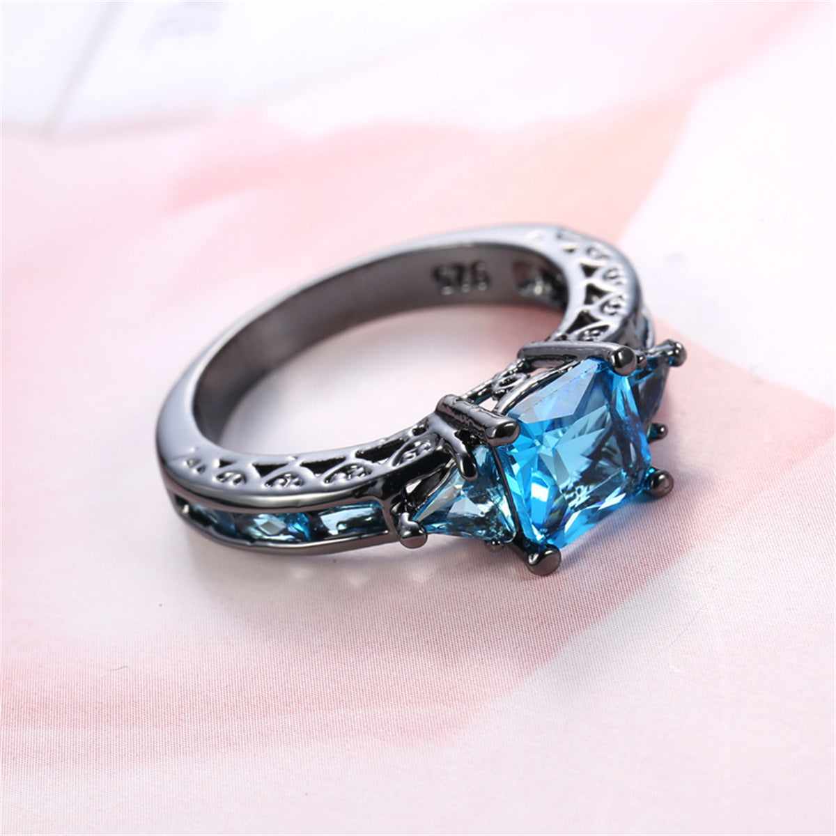 Sea Blue Crystal & Black-Tone Prong-Set Ring-2