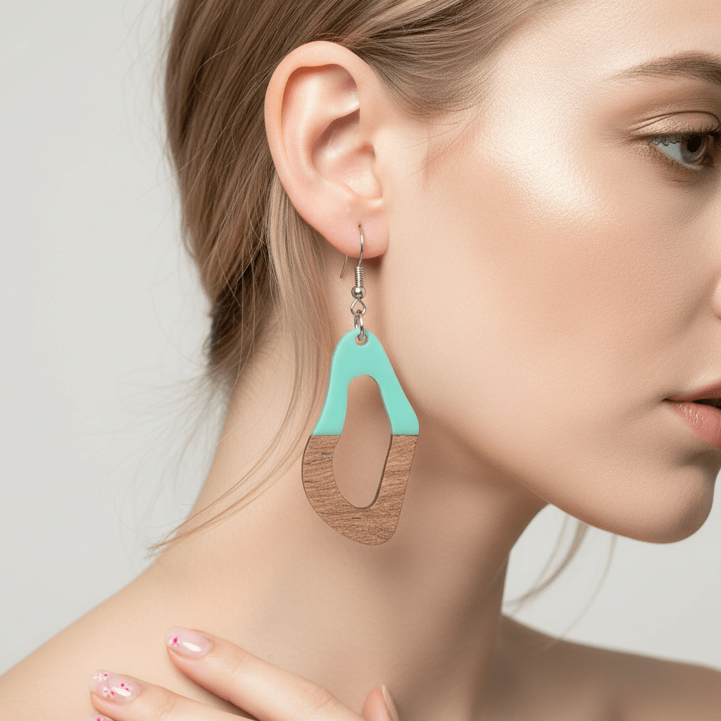 Green Resin & Wood Silvertone Irregular Teardrop Hook Earrings