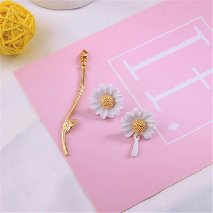White Enamel & Goldtone Sunflower Asymmetrical Drop Earrings