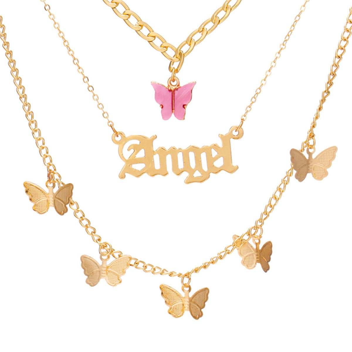 Pink Acrylic & Goldtone Butterfly 'Angel' Layer Pendant Necklace