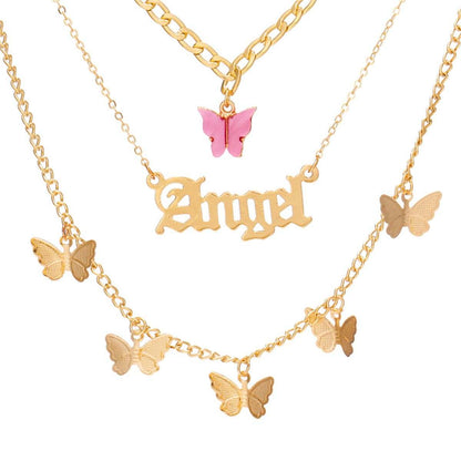 Pink Acrylic & Goldtone Butterfly 'Angel' Layer Pendant Necklace