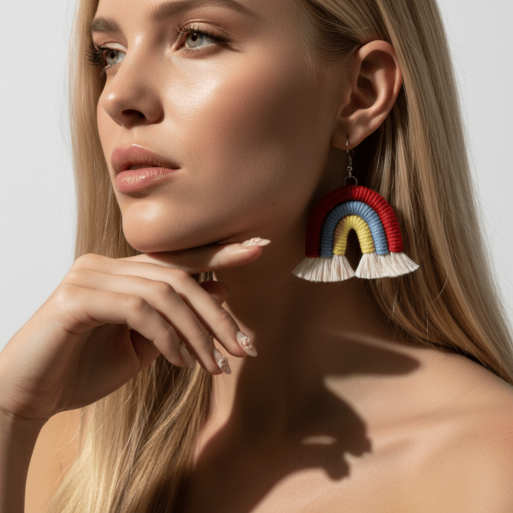 Red Multi-Colored Yarn & Silvertone Rainbow Tassel Hook Earrings