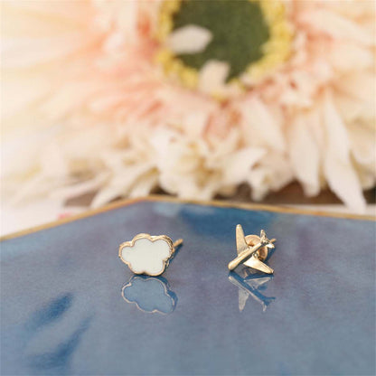 White & Goldtone Airplane Asymmetrical Stud Earrings