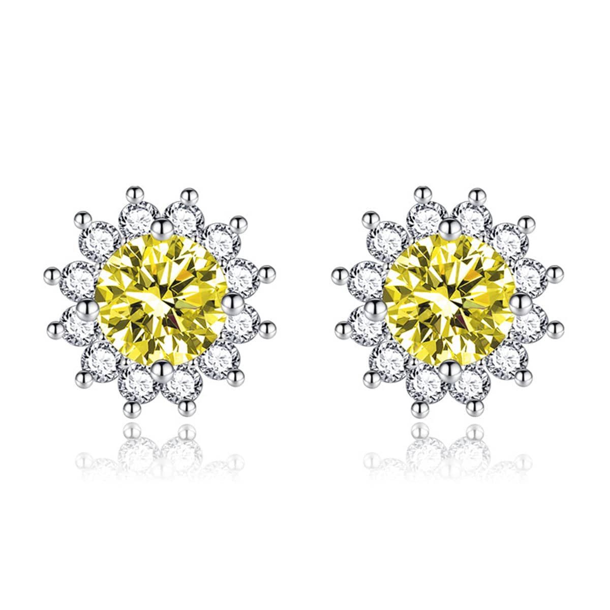 Yellow Crystal & Cubic Zirconia Silvertone Flower Stud Earrings