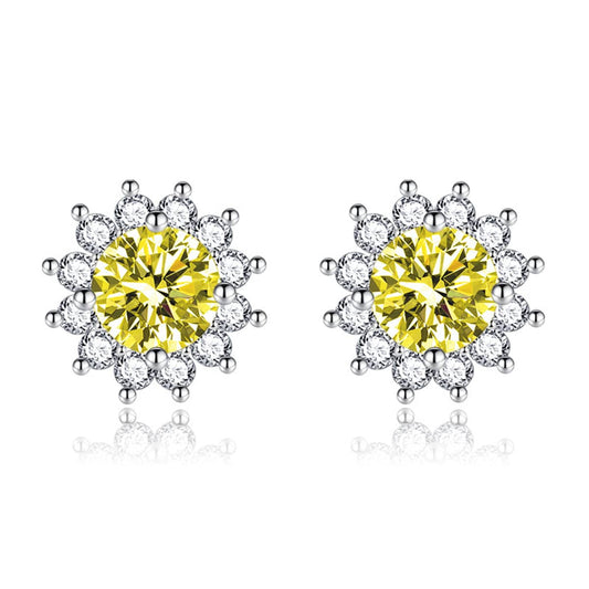 Yellow Crystal & Cubic Zirconia Silvertone Flower Stud Earrings