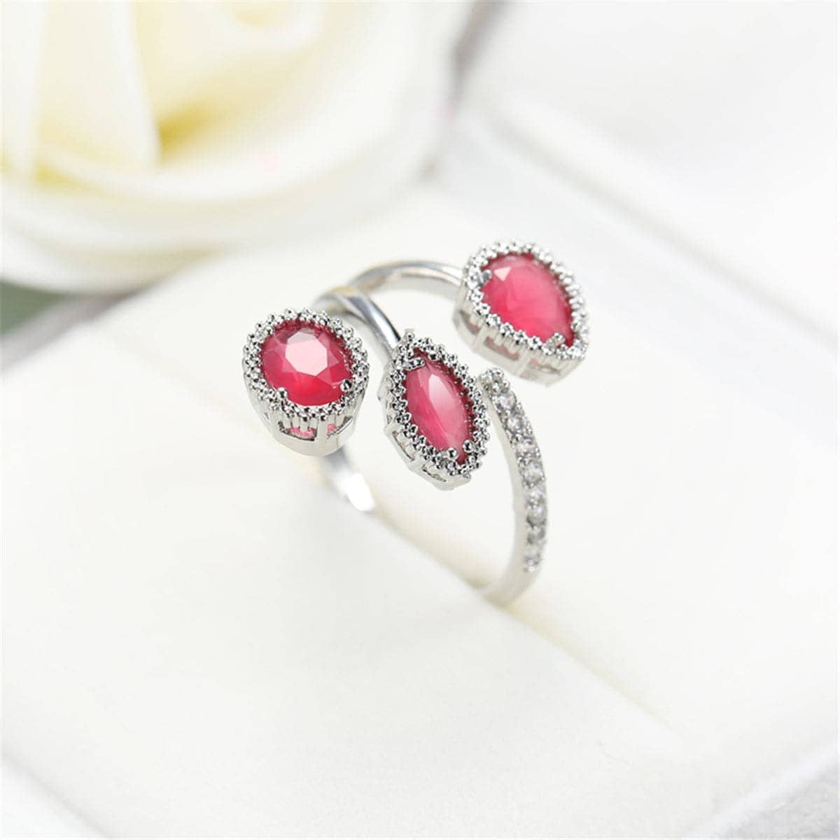 Rose Crystal & Silvertone Three-Stone Pear-Cut Ring