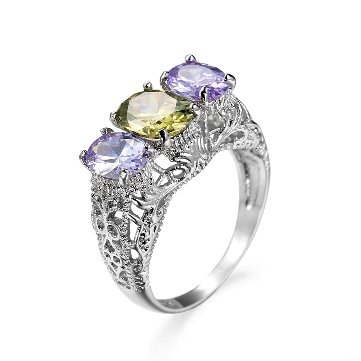 Purple Crystal & Silvertone Triple Oval Filigree Ring