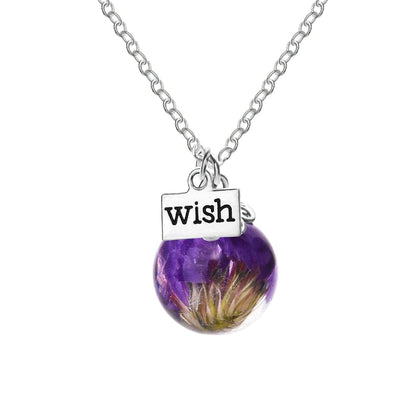 Purple Forget-Me-Not & Silvertone 'Wish' Pendant Necklace